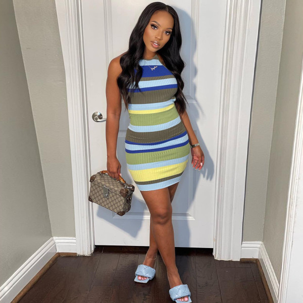 Colorful Striped Backless Cross Strap Mini Dress WMEF-20794