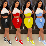 Contrast Color Sleeveless Lace-Up Shorts 2 Piece Sets WMEF-20795