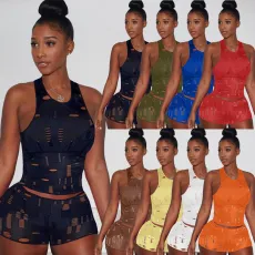 Sexy Sleeveless Hole Two Piece Shorts Sets AL-283