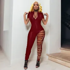 Sexy Short Sleeve Hole Skinny Jumpsuit With Chain GLF-8146