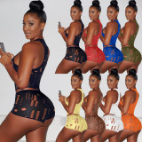 Sexy Sleeveless Hole Two Piece Shorts Sets AL-283