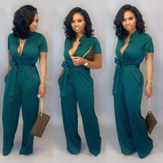 Plus Size Solid Short Sleeve Sashes Jumpsuit LSD-82080