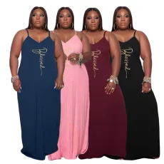 Plus Size Letter Print Spaghetti Strap Maxi Dress GDYF-69482