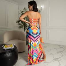 Geometric Print Strapless Split Maxi Dress ZDF-31203
