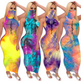 Tie Dye Print Mask One Piece Sleeveless Maxi Dress TE-2058