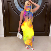 Tie Dye Print Mask One Piece Sleeveless Maxi Dress TE-2058