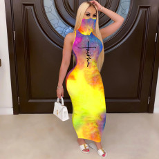 Tie Dye Print Mask One Piece Sleeveless Maxi Dress TE-2058