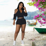 Solid Hooded Backless Ruched Sleeve 2 Piece Shorts Sets CQ-171