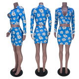 Floral Print Long Sleeve Mini Skirt 2 Piece Sets MDF-5309