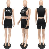 Letter Print Sleeveless Hollow 2 Piece Shorts Sets WSYF-5931