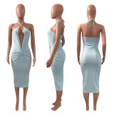 Solid Deep V Neck Halter Midi Dress NIK-311