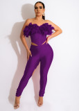 Feather Patchwork Hole Two Piece Pants Sets MEM-88434