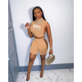 Letter Print Sleeveless Hollow 2 Piece Shorts Sets WSYF-5931