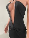 Solid Deep V Neck Halter Midi Dress NIK-311