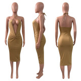 Solid Deep V Neck Halter Midi Dress NIK-311