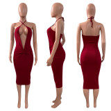 Solid Deep V Neck Halter Midi Dress NIK-311