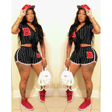 Letter Print Striped Baseball Two Piece Shorts Sets XYF-9135