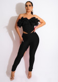Feather Patchwork Hole Two Piece Pants Sets MEM-88434