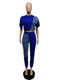 Denim Pachwork Two Piece Pants Sets MEM-88435