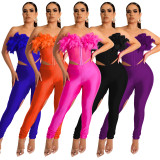 Feather Patchwork Hole Two Piece Pants Sets MEM-88434