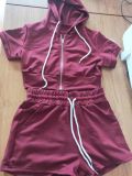 Solid Hooded Zipper Two Piece Shorts Set CH-8210