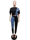 Denim Pachwork Two Piece Pants Sets MEM-88435