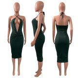Solid Deep V Neck Halter Midi Dress NIK-311