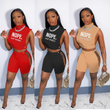 Letter Print Sleeveless Hollow 2 Piece Shorts Sets WSYF-5931