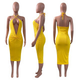 Solid Deep V Neck Halter Midi Dress NIK-311