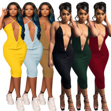 Solid Deep V Neck Halter Midi Dress NIK-311