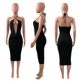 Solid Deep V Neck Halter Midi Dress NIK-311