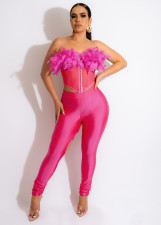 Feather Patchwork Hole Two Piece Pants Sets MEM-88434