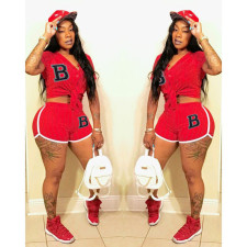 Letter Print Striped Baseball Two Piece Shorts Sets XYF-9135