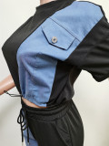 Denim Pachwork Two Piece Pants Sets MEM-88435