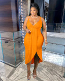 Plus Size Solid V Neck Spaghetti Strap Midi Dress FNN-8668