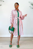 Casual Striped Long Sleeeve Sashes Midi Dress OLYF-96094