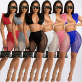 Sexy Sleeveless Crop Top+Mesh Shorts 2 Piece Sets AL-284
