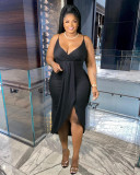 Plus Size Solid V Neck Spaghetti Strap Midi Dress FNN-8668