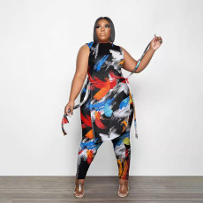 Plus Size Printed Sleeveless Split Two Piece Pants Sets PHF-13278