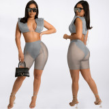 Sexy Sleeveless Crop Top+Mesh Shorts 2 Piece Sets AL-284