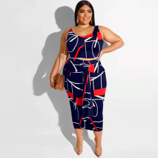 Plus Size Printed Sleeveless Midi Skirt 2 Piece Sets PHF-13279