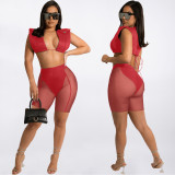 Sexy Sleeveless Crop Top+Mesh Shorts 2 Piece Sets AL-284