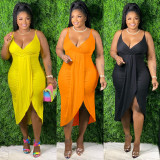 Plus Size Solid V Neck Spaghetti Strap Midi Dress FNN-8668