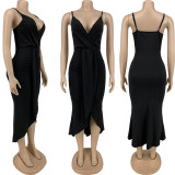 Plus Size Solid V Neck Spaghetti Strap Midi Dress FNN-8668