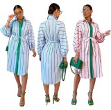 Casual Striped Long Sleeeve Sashes Midi Dress OLYF-96094