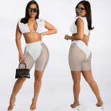 Sexy Sleeveless Crop Top+Mesh Shorts 2 Piece Sets AL-284