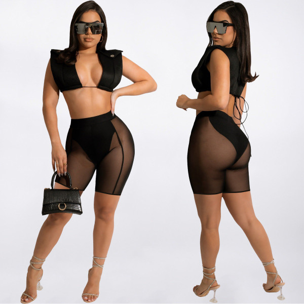 Sexy Sleeveless Crop Top+Mesh Shorts 2 Piece Sets AL-284