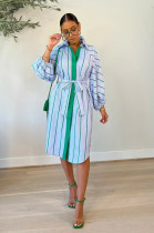 Casual Striped Long Sleeeve Sashes Midi Dress OLYF-96094