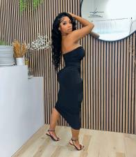 Solid Strapless Hollow Out Bodycon Midi Dress ZDF-31206