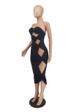 Solid Strapless Hollow Out Bodycon Midi Dress ZDF-31206